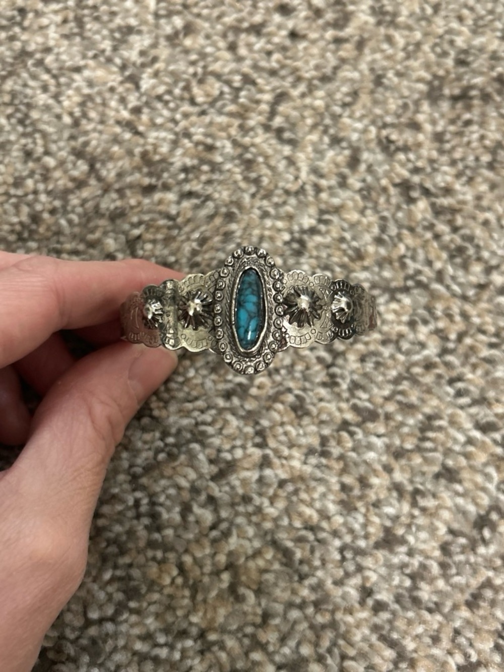 Turquoise Stone Silver-Tone Floral Cuff Bracelet
